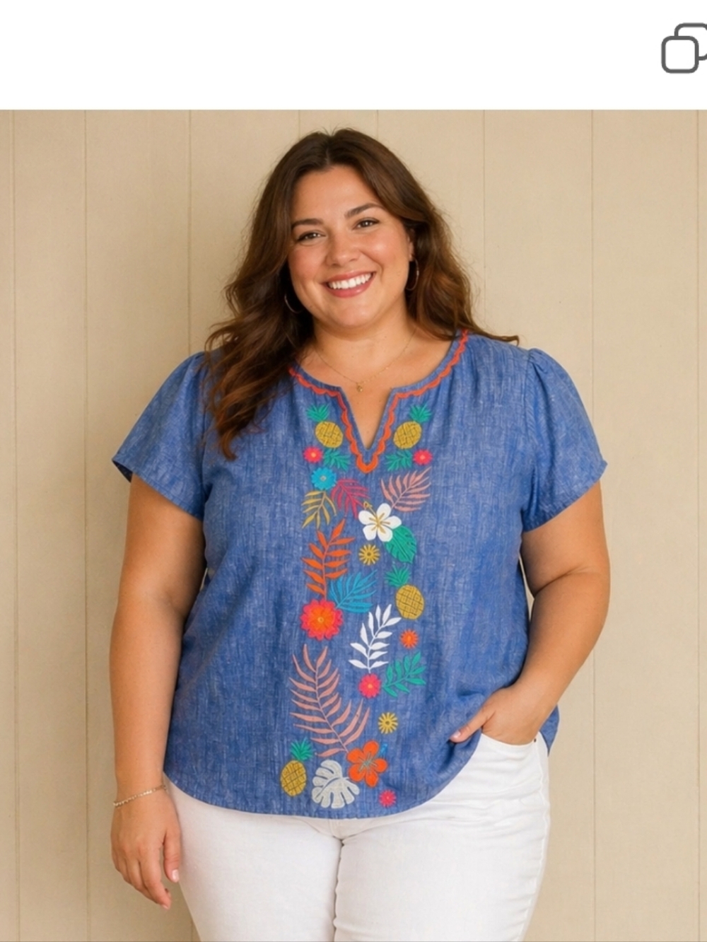 Talbots Linen Blend Top Blouse Pineapple Flower Embroidery Split Neck Blue 3X